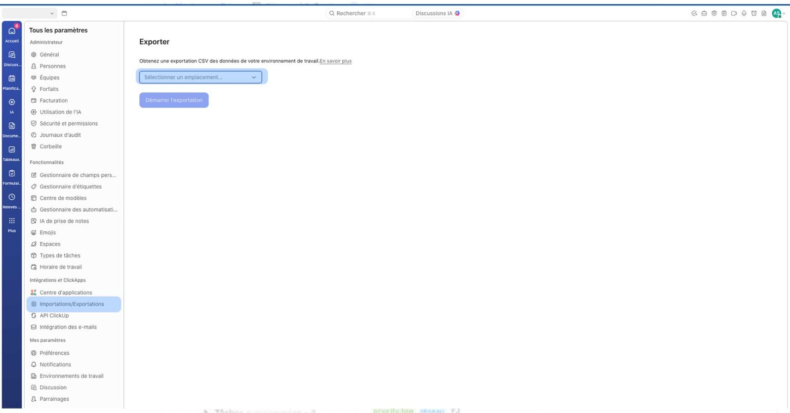 exportation des données clickup