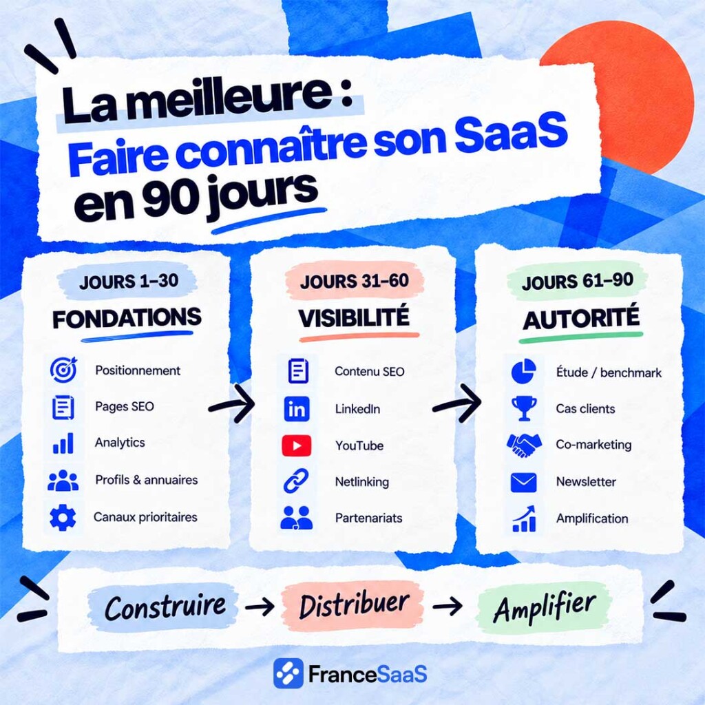 Plan en 90 jours pour faire connaître son SaaS en France : SEO, contenu, LinkedIn, YouTube, netlinking et partenariats.