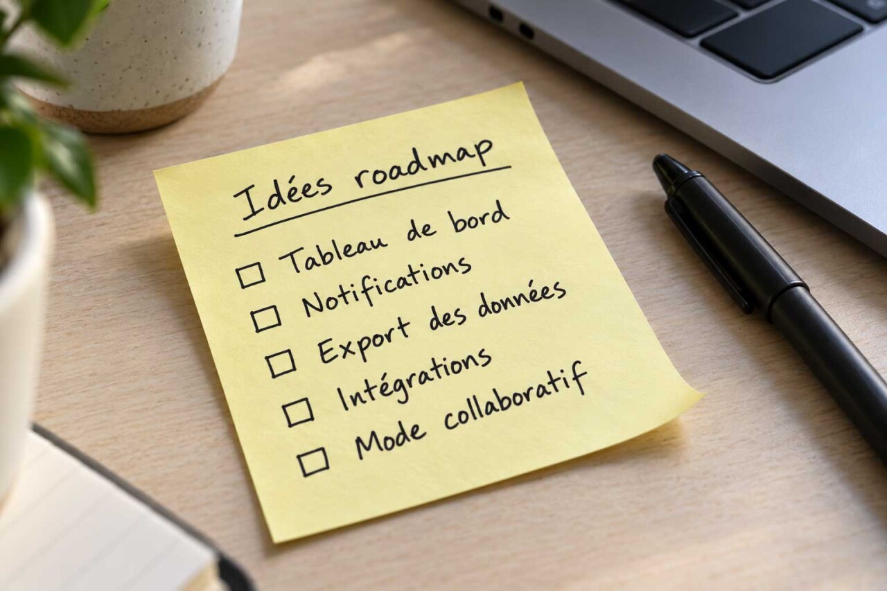 Liste manuscrite d’idées de fonctionnalités SaaS sur un post-it jaune pour préparer une roadmap produit.