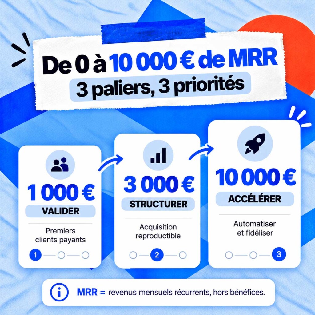 Infographie FranceSaaS présentant les 3 étapes pour passer de 0 à 10 000 € de MRR avec un SaaS : valider ses premiers clients à 1 000 €, structurer son acquisition à 3 000 € et accélérer sa croissance à 10 000 €.
