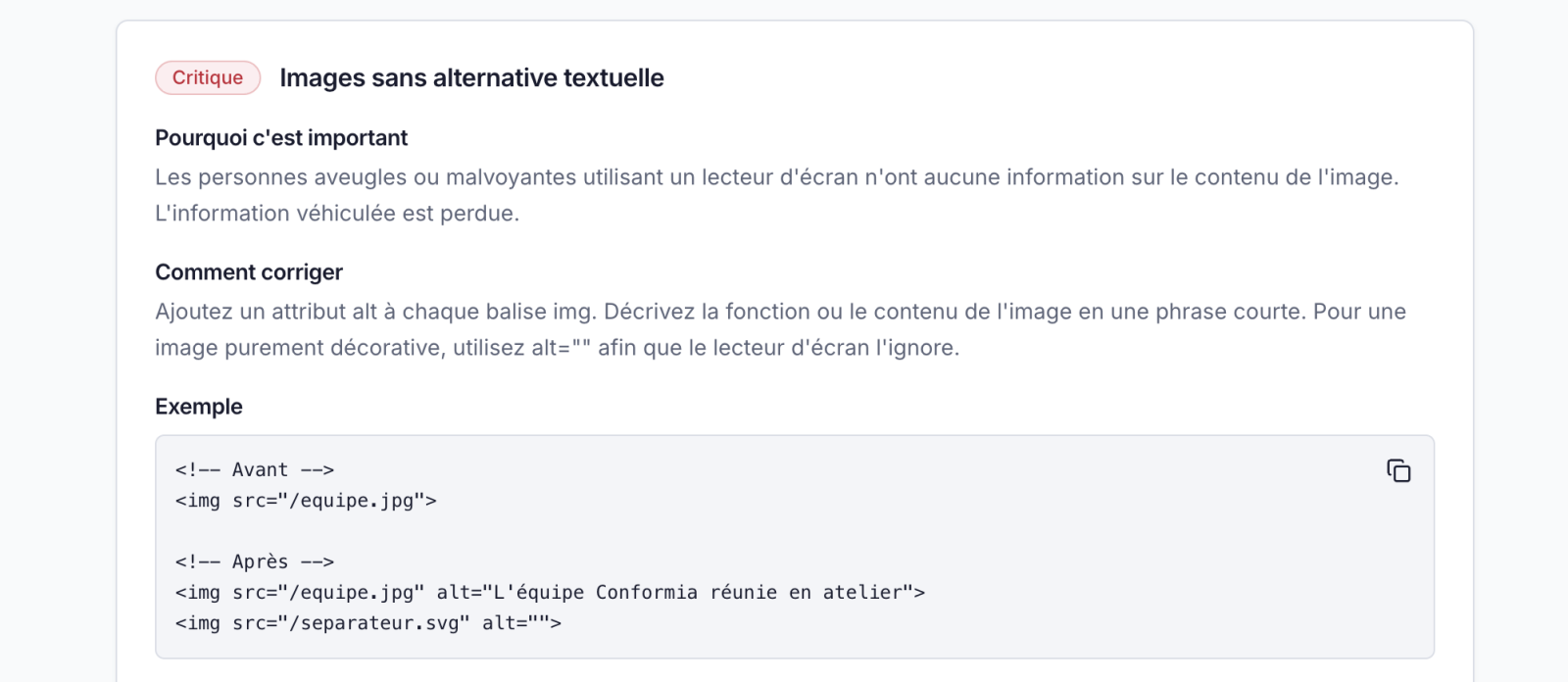Exemple de correctif de code proposé par Balisio pour un défaut d'accessibilité.