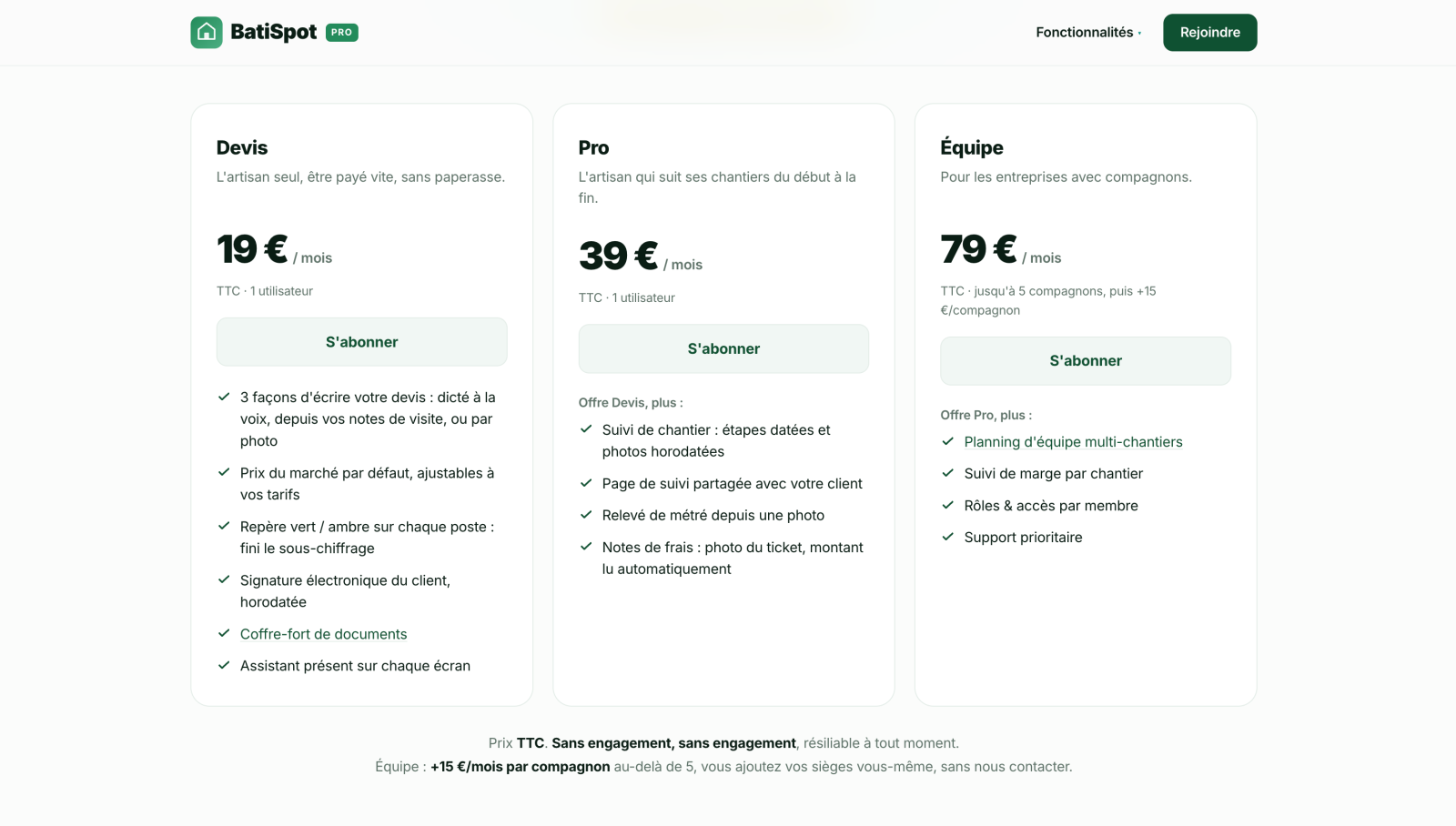 Grille tarifaire de BatiSpot PRO - à Partir de 19€ TTC par mois