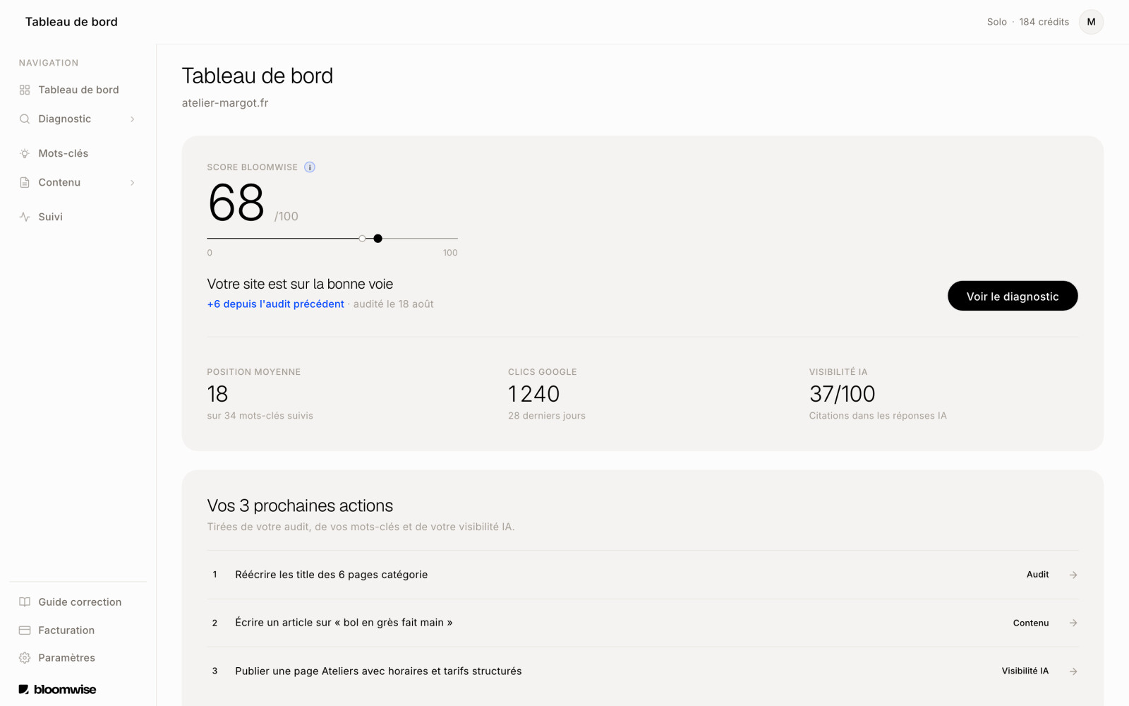 Tableau de bord Bloomwise : score SEO sur 100, position moyenne, clics Google et visibilité IA, avec les trois prochaines actions.
