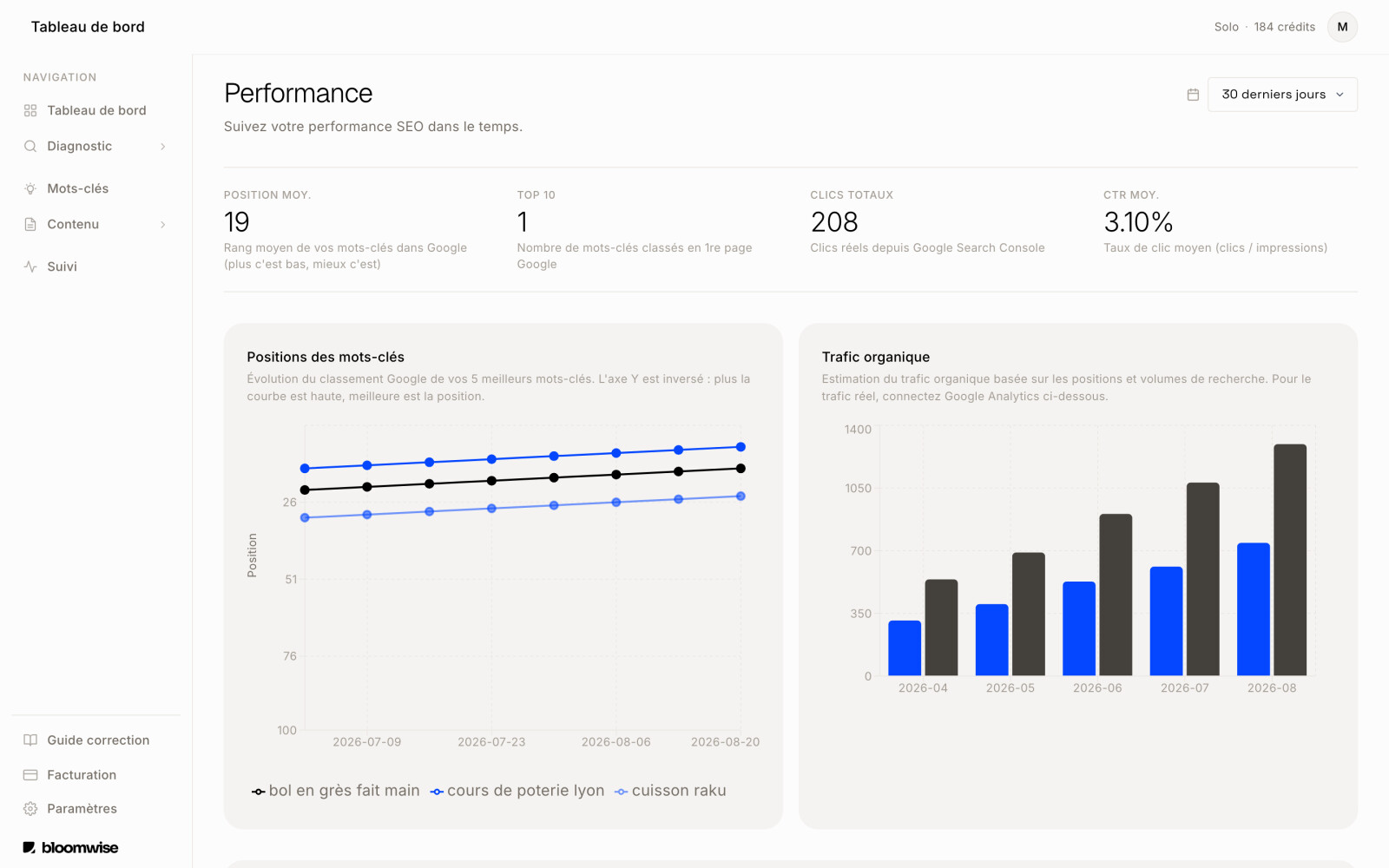 Suivi des performances : évolution des positions Google et du trafic organique.