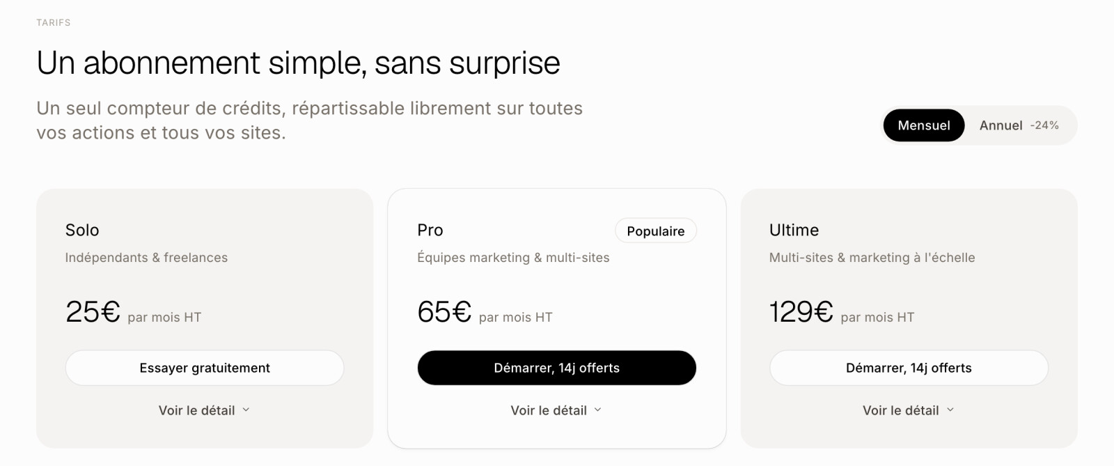 Tarifs Bloomwise : Solo à 25 € HT par mois, Pro à 65 € HT par mois, Ultime à 129 € HT par mois, avec 14 jours d'essai offerts.