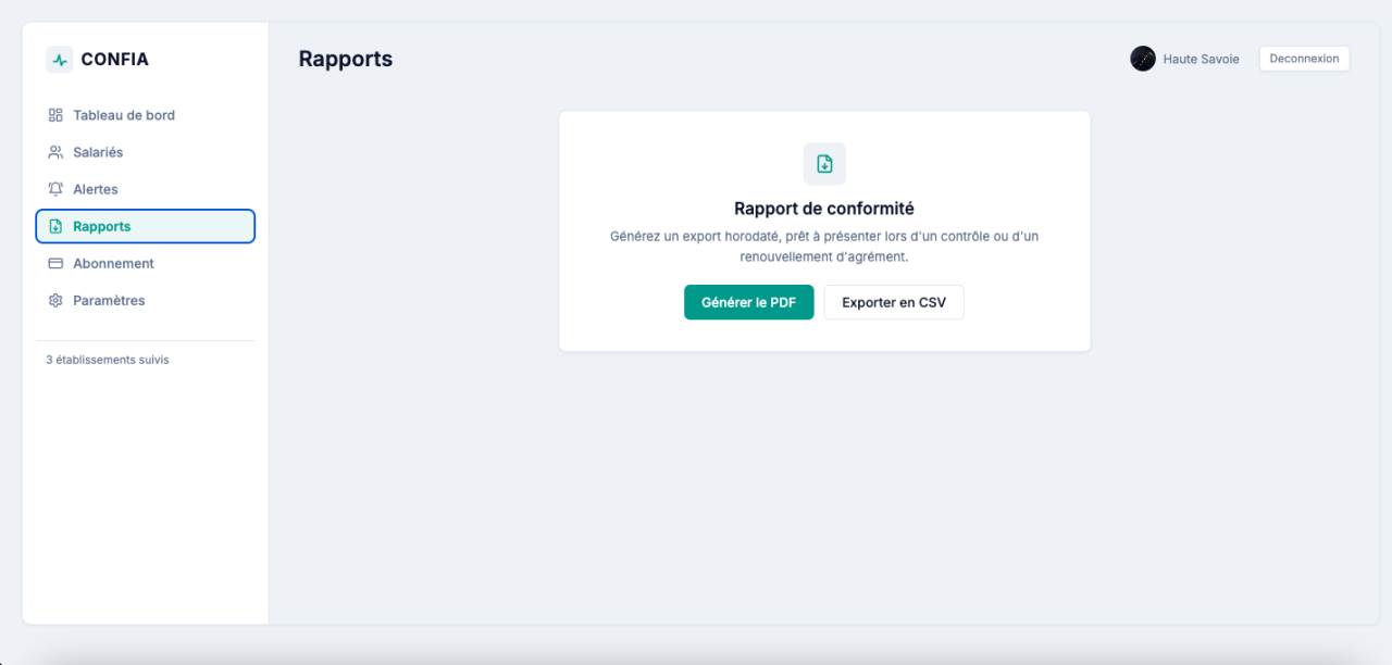 Écran de génération du rapport de conformité vaccinale, export au format PDF ou CSV