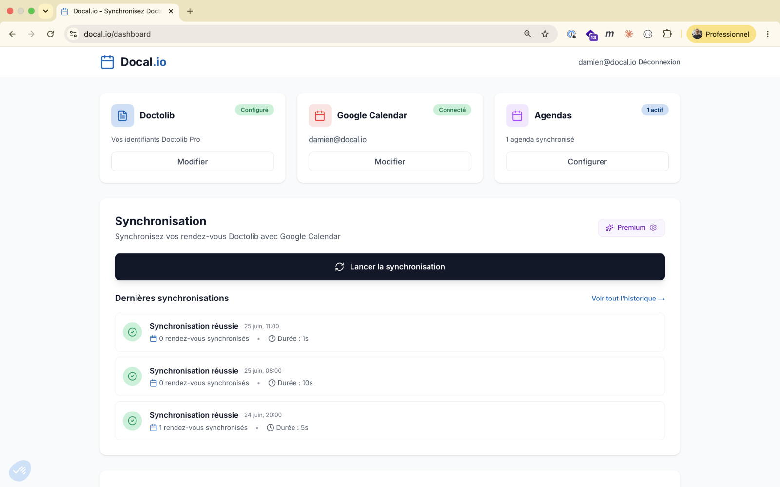 Tableau de bord Docal.io montrant les comptes Doctolib et Google Calendar connectés, le bouton de synchronisation et l'historique des dernières synchronisations réussies.