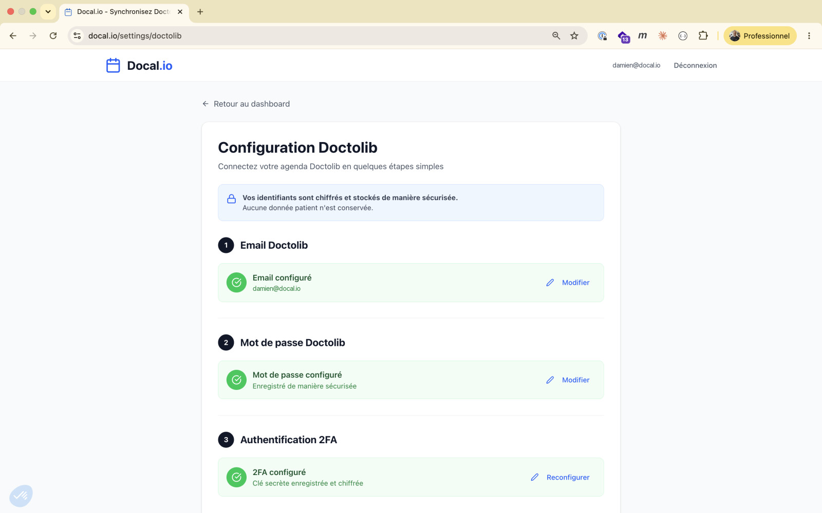 Écran de connexion du compte Doctolib en trois étapes, avec la mention du chiffrement des identifiants et la configuration de la double authentification.