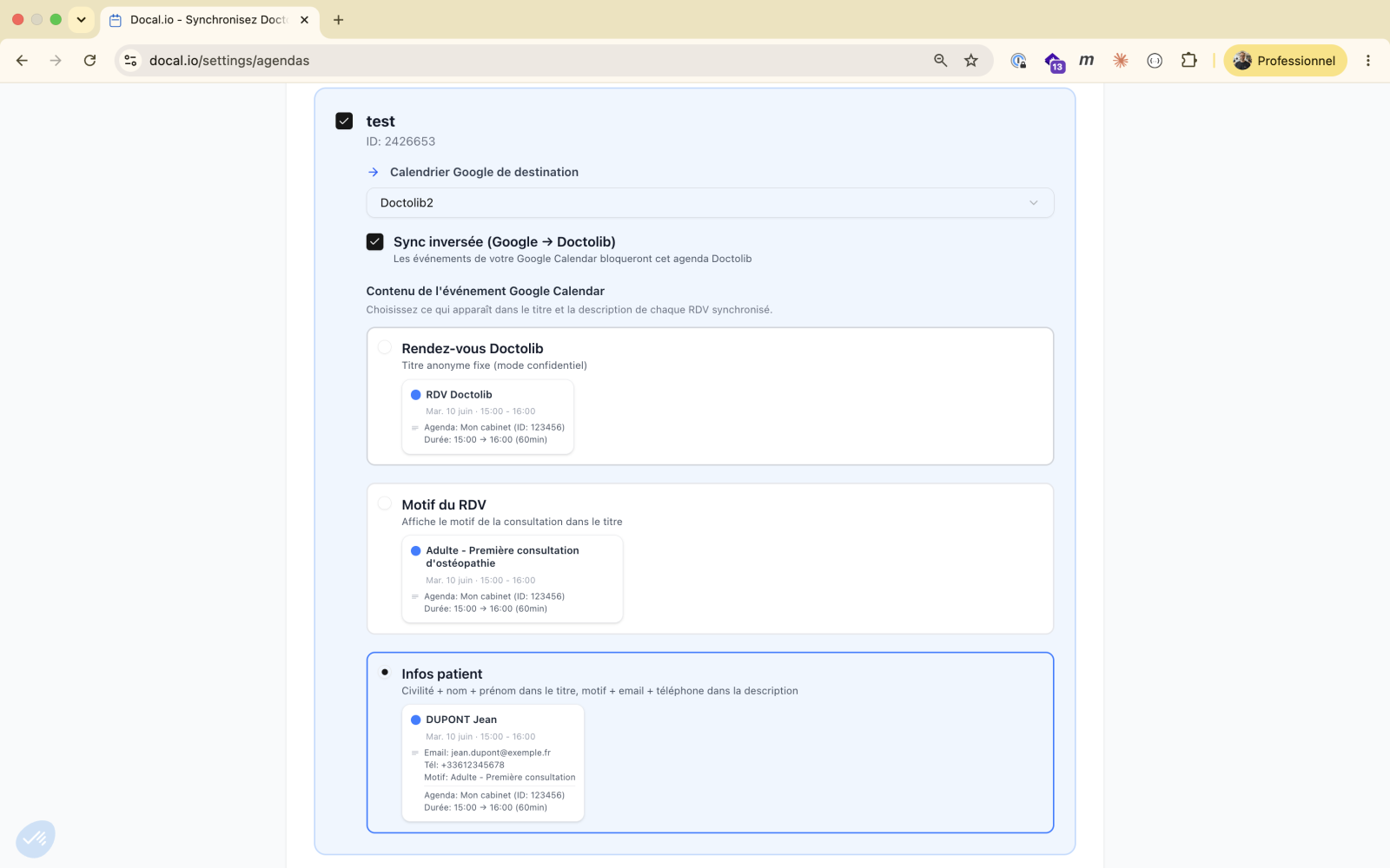 Écran de configuration d'un agenda : choix du calendrier Google de destination, activation de la synchronisation inversée et des trois niveaux d'affichage des rendez-vous.