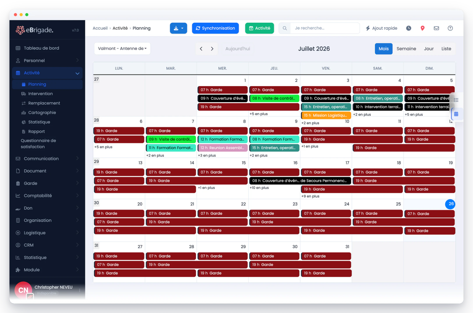 Vue calendrier eBrigade regroupant les gardes, missions et événements du mois dans une organisation de démonstration.