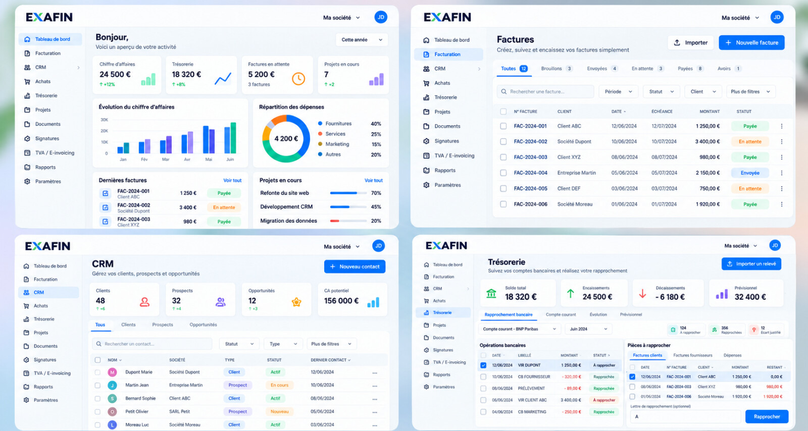 Présentation de quatre interfaces du logiciel EXAFIN : tableau de bord avec indicateurs financiers et graphiques, gestion des factures, suivi des clients et prospects dans le CRM, et trésorerie avec rapprochement bancaire.