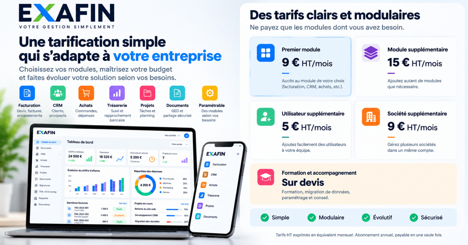 Présentation de quatre interfaces du logiciel EXAFIN : tableau de bord avec indicateurs financiers et graphiques, gestion des factures, suivi des clients et prospects dans le CRM, et trésorerie avec rapprochement bancaire.