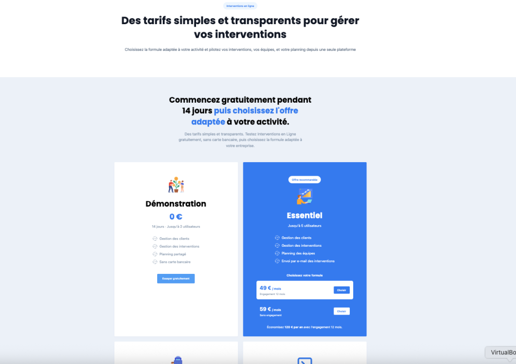 Extrait page tarifs Interventions en ligne