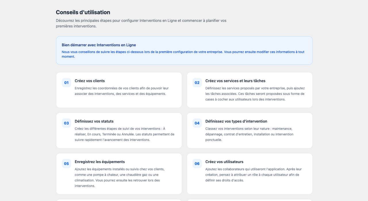 Page conseils d'utilisation interventions en ligne