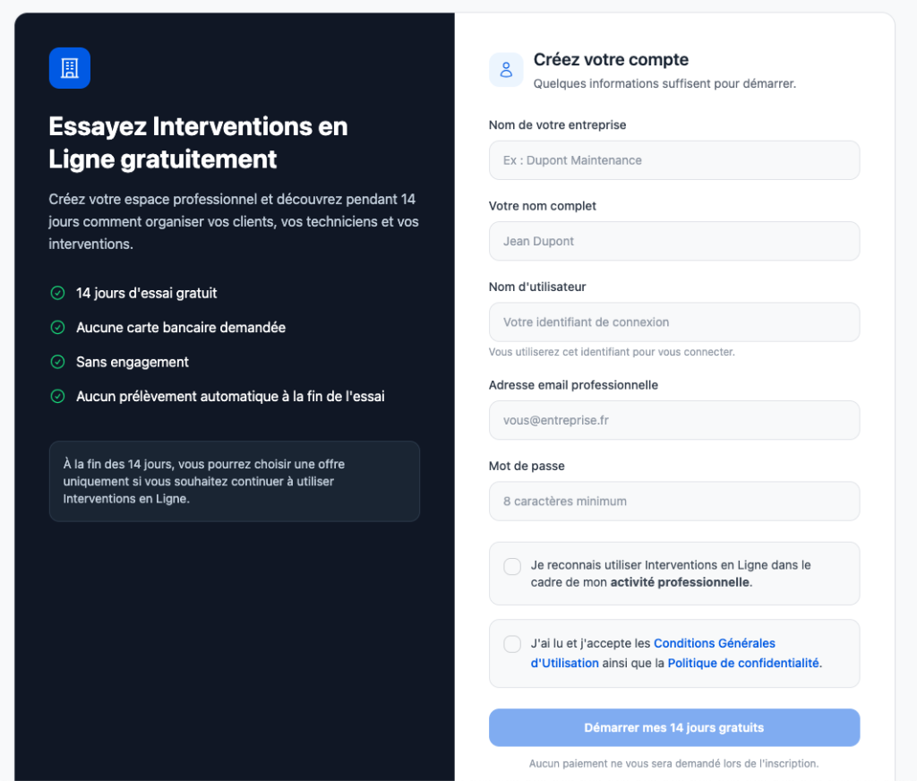 Page de connexion Interventions en ligne