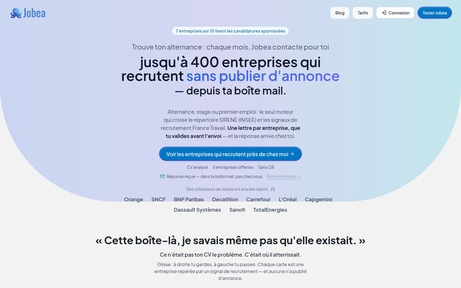 Page d'accueil Jobea : jusqu'à 400 entreprises qui recrutent sans publier d'annonce, contactées depuis ta boîte mail