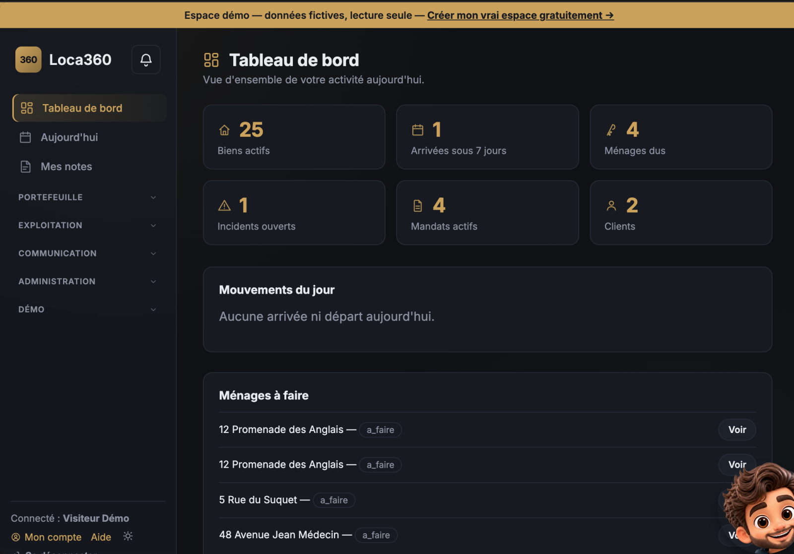 Tableau de bord Loca360 : biens actifs, arrivées, ménages dus et incidents ouverts