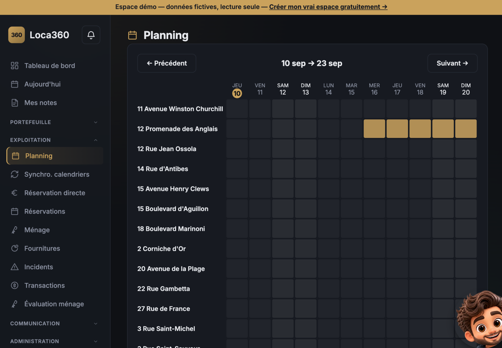 Planning hebdomadaire des interventions dans Loca360