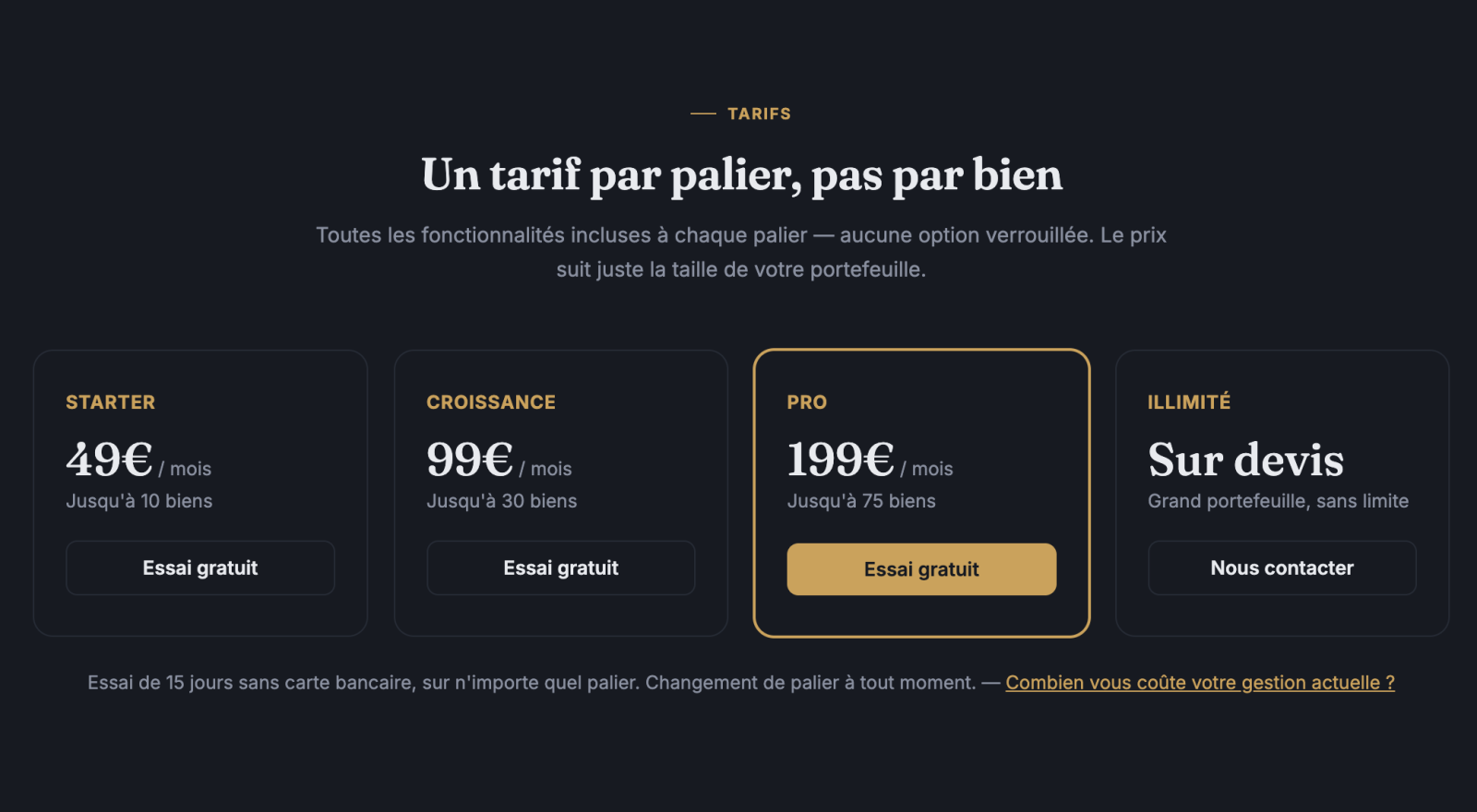 Grille tarifaire Loca360 par palier de biens, toutes les fonctionnalités incluses à chaque palier