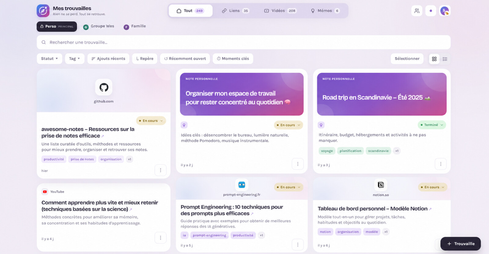 Interface de Mes Trouvailles présentant des liens, vidéos et idées enregistrés sous forme de cartes.