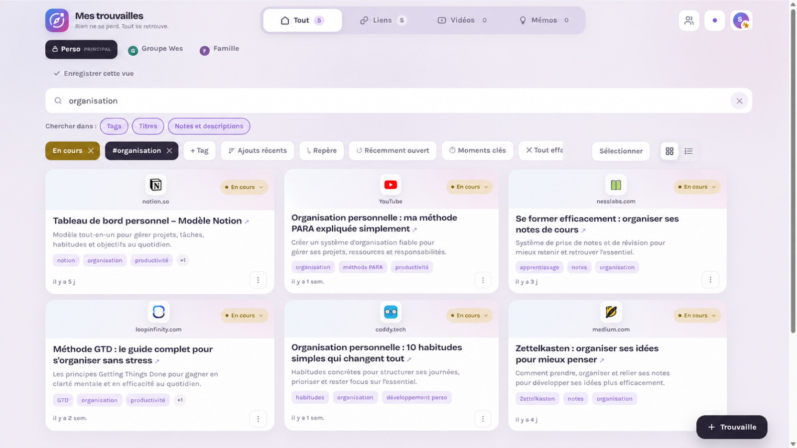 Interface de Mes Trouvailles montrant l’organisation des trouvailles avec des statuts personnalisés, des filtres et différents espaces.