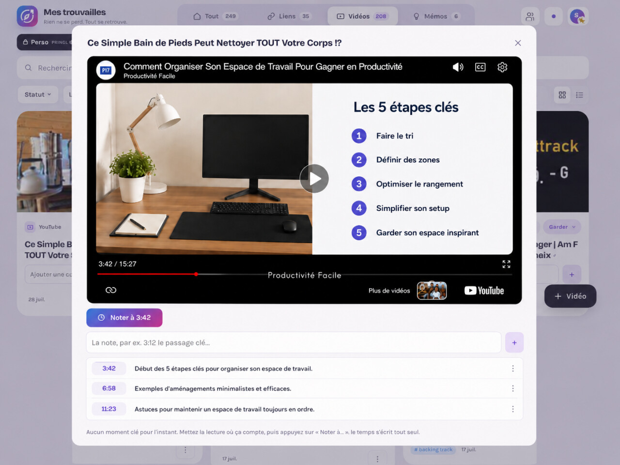 Interface de Mes Trouvailles affichant une vidéo YouTube enregistrée avec ses repères et notes associés.