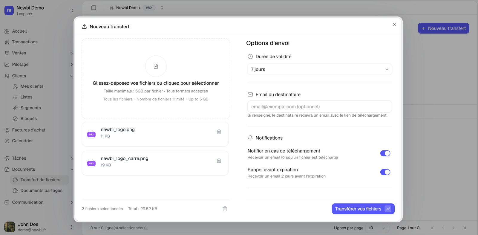 Transfert de fichier sécurisé inclus dans Newbi