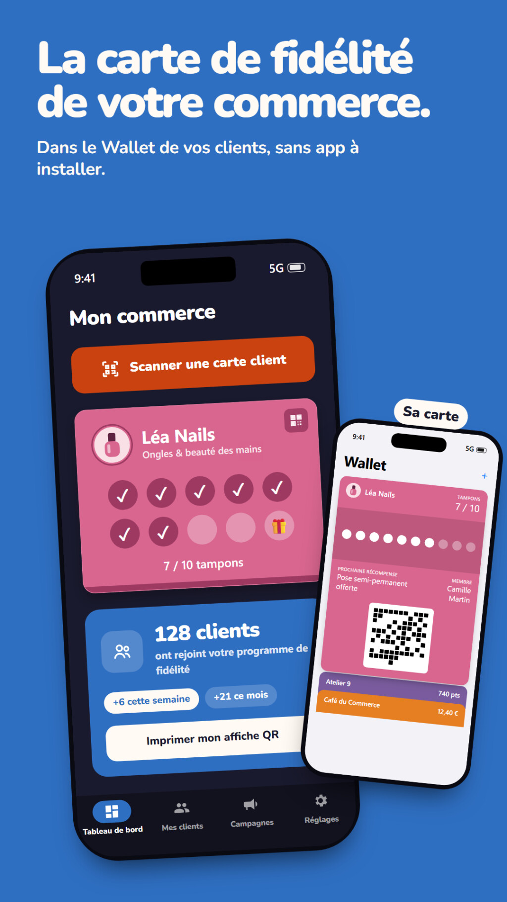 Tableau de bord commerçant de Quardy avec la carte de fidélité à tampons d'un salon d'ongles, le nombre de clients inscrits, et la même carte affichée dans l'Apple Wallet d'une cliente