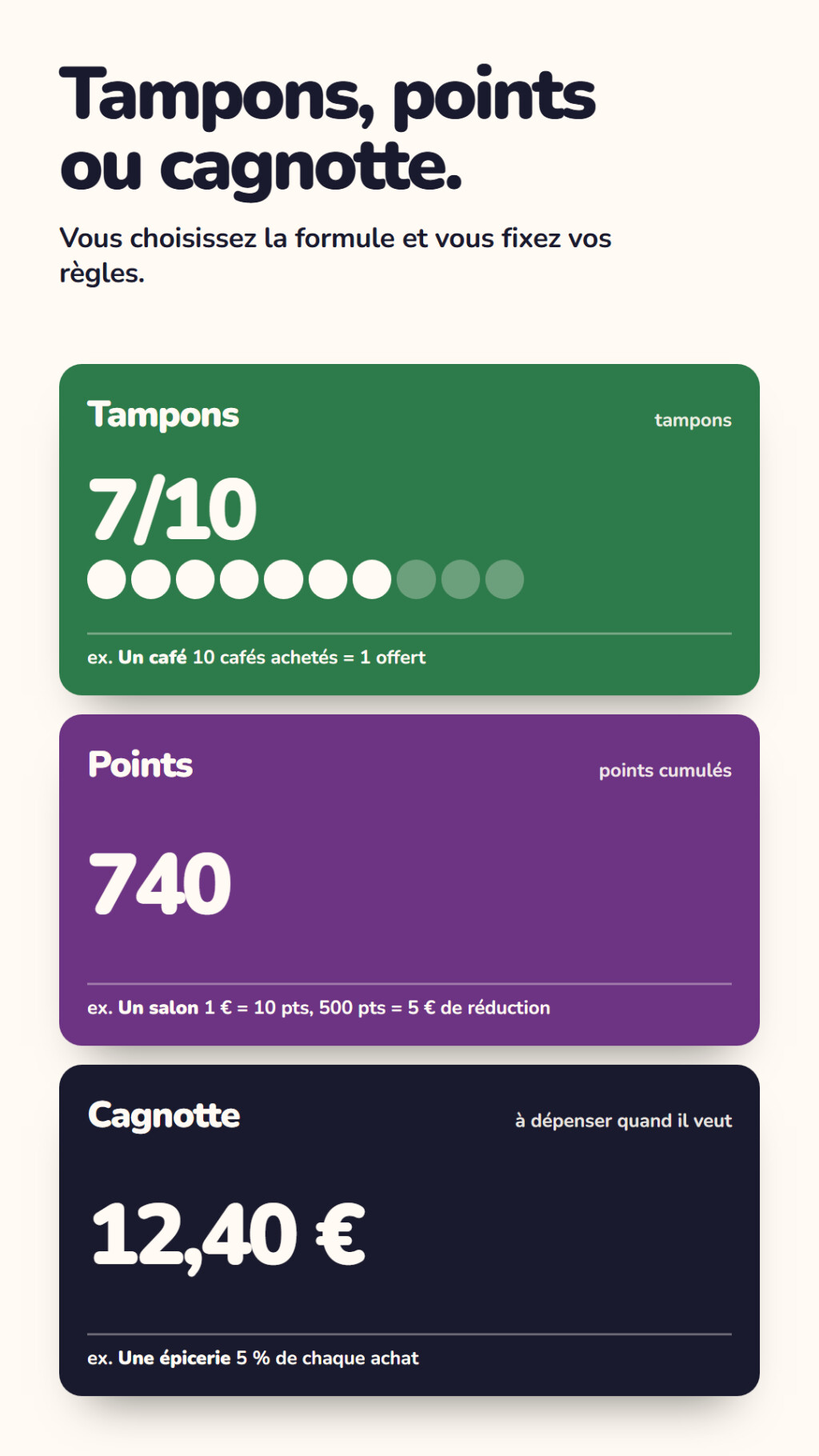 Les trois types de fidélité proposés par Quardy : carte à tampons, points cumulés ou cagnotte en euros