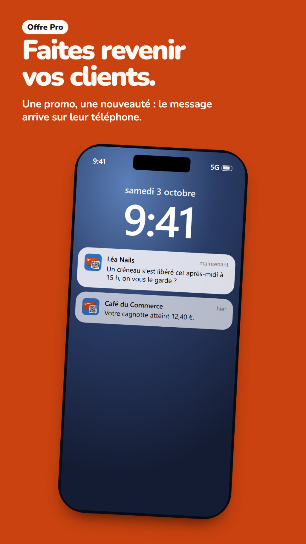 Notifications envoyées par des commerces sur l'écran de verrouillage d'un client, pour une offre ou un rappel de cagnotte (offre Pro)