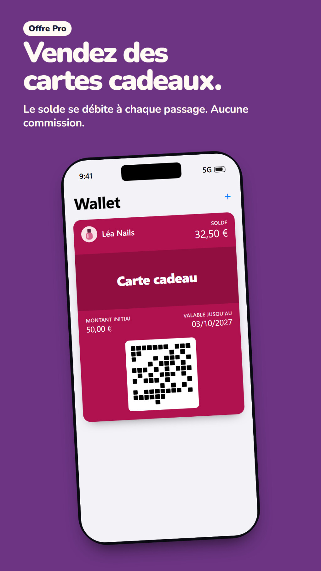 Carte cadeau d'un commerce dans Apple Wallet, avec le solde restant, le montant initial et la date de validité (offre Pro)