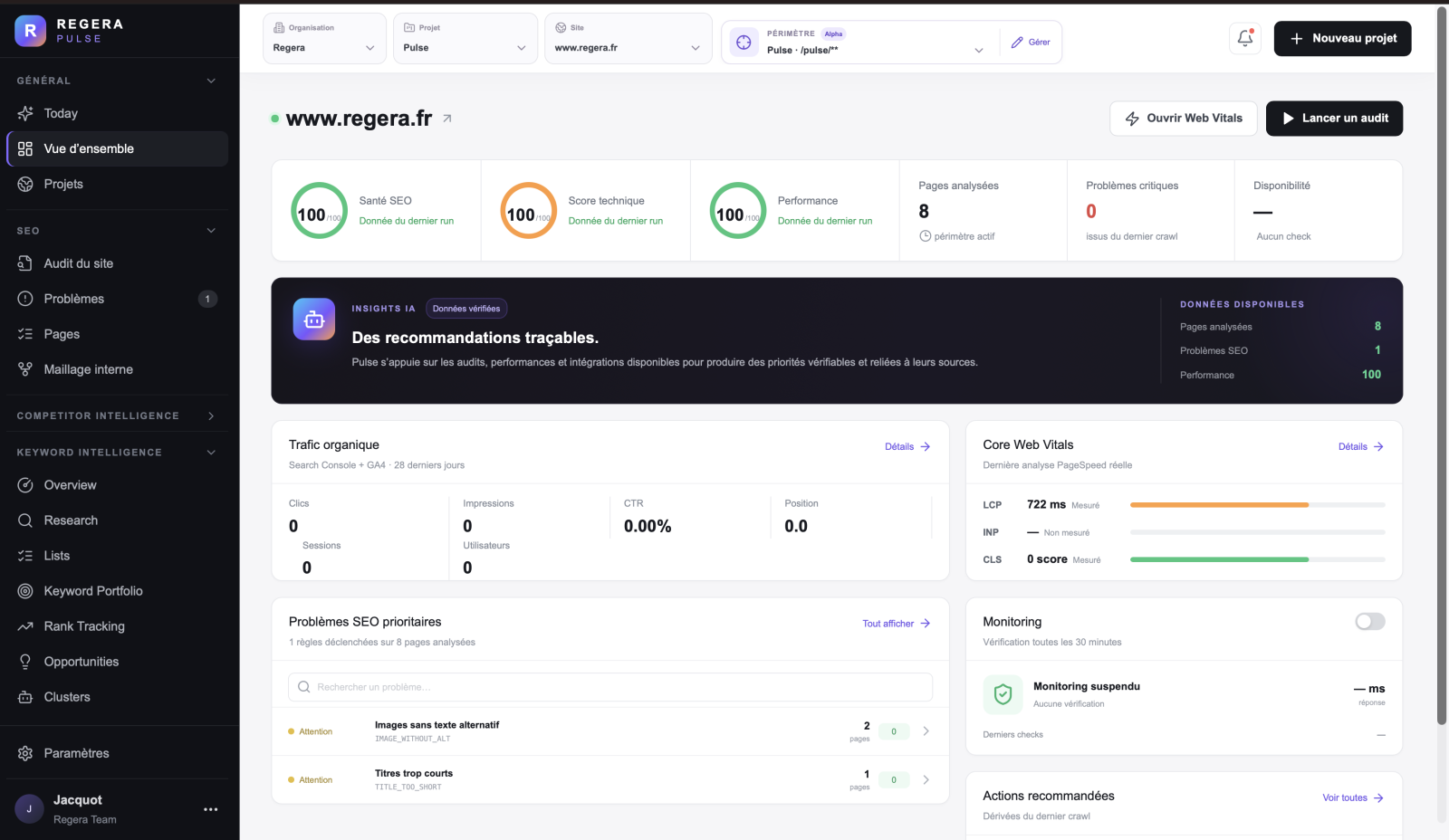 Tableau de bord SEO Regera Pulse avec scores techniques, trafic organique et recommandations