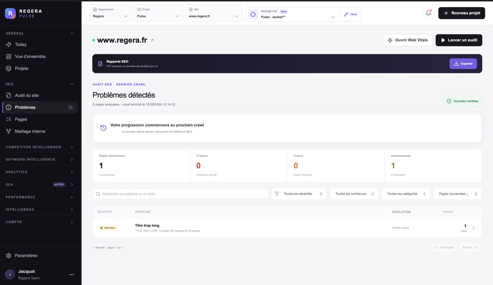 Audit SEO Regera Pulse présentant les problèmes techniques détectés sur un site