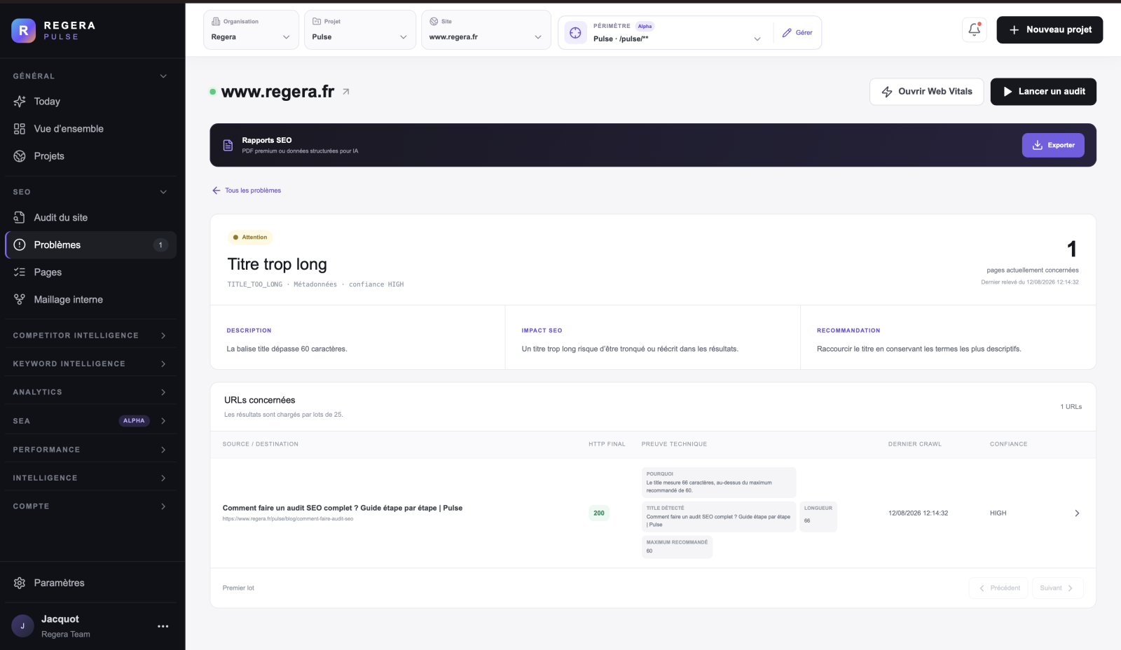 Audit SEO Regera Pulse présentant les problèmes techniques détectés sur un site