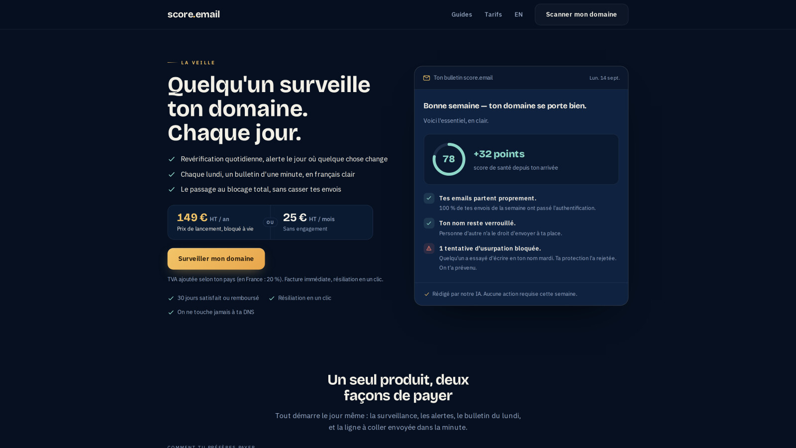 Page de l'offre La veille : revérification quotidienne du domaine, alerte le jour où quelque chose change, bulletin du lundi ; 149 € HT/an ou 25 € HT/mois, avec un exemple de bulletin