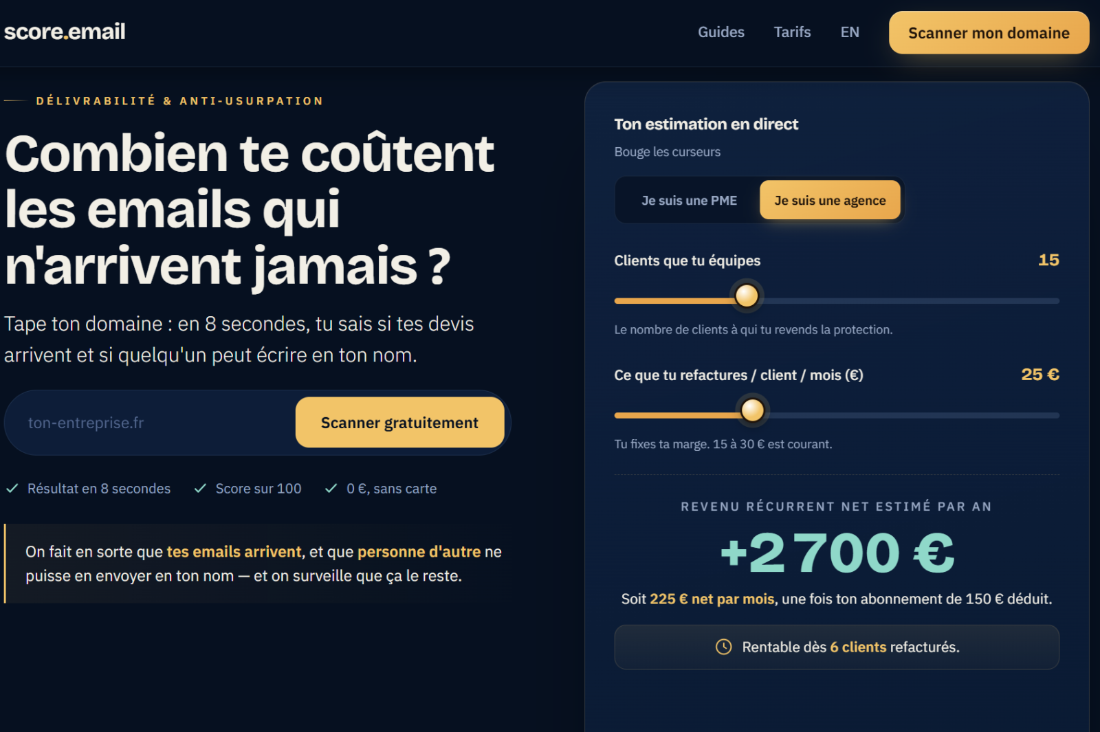 Page d'accueil de score.email vue par une agence web : scanner le domaine d'un client avant une refonte ou un changement de messagerie
