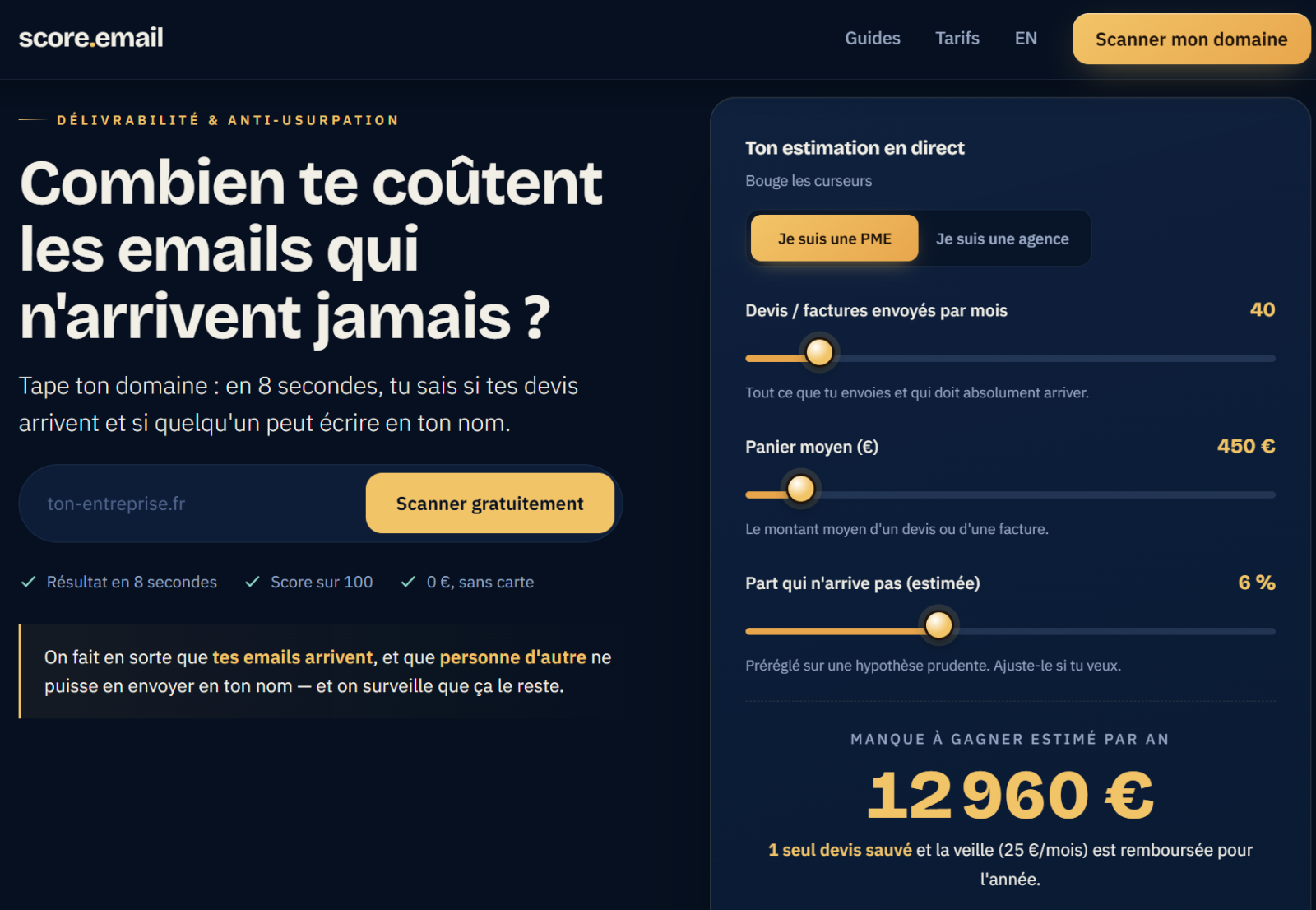 Page d'accueil de score.email pour une PME : champ de saisie du nom de domaine et aperçu du résultat obtenu en 8 secondes